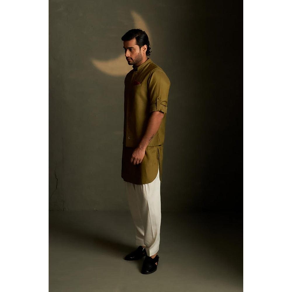 Charkhee Olive Dusk Pathani Kurta and Salwar with Bundi