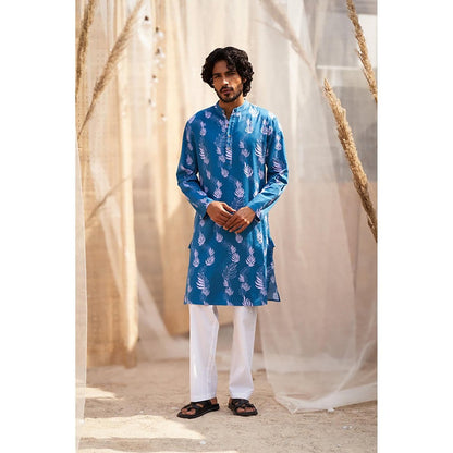 Charkhee Ocean Blue Printed Kurta with Pant