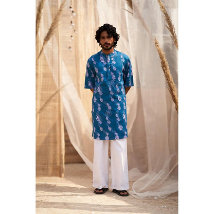 Charkhee Ocean Blue Short Sleeve Printed Kurta with Pant