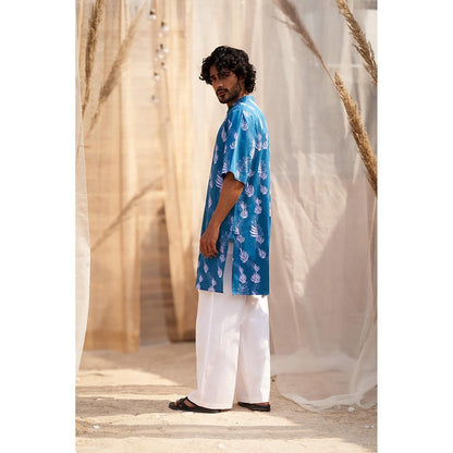 Charkhee Ocean Blue Short Sleeve Printed Kurta with Pant