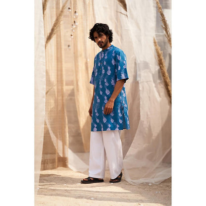 Charkhee Ocean Blue Short Sleeve Printed Kurta with Pant