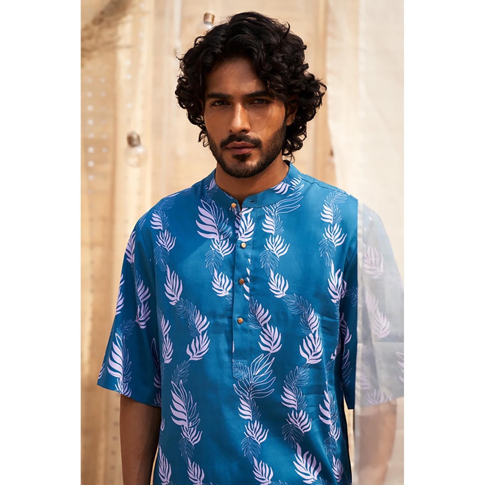 Charkhee Ocean Blue Short Sleeve Printed Kurta with Pant