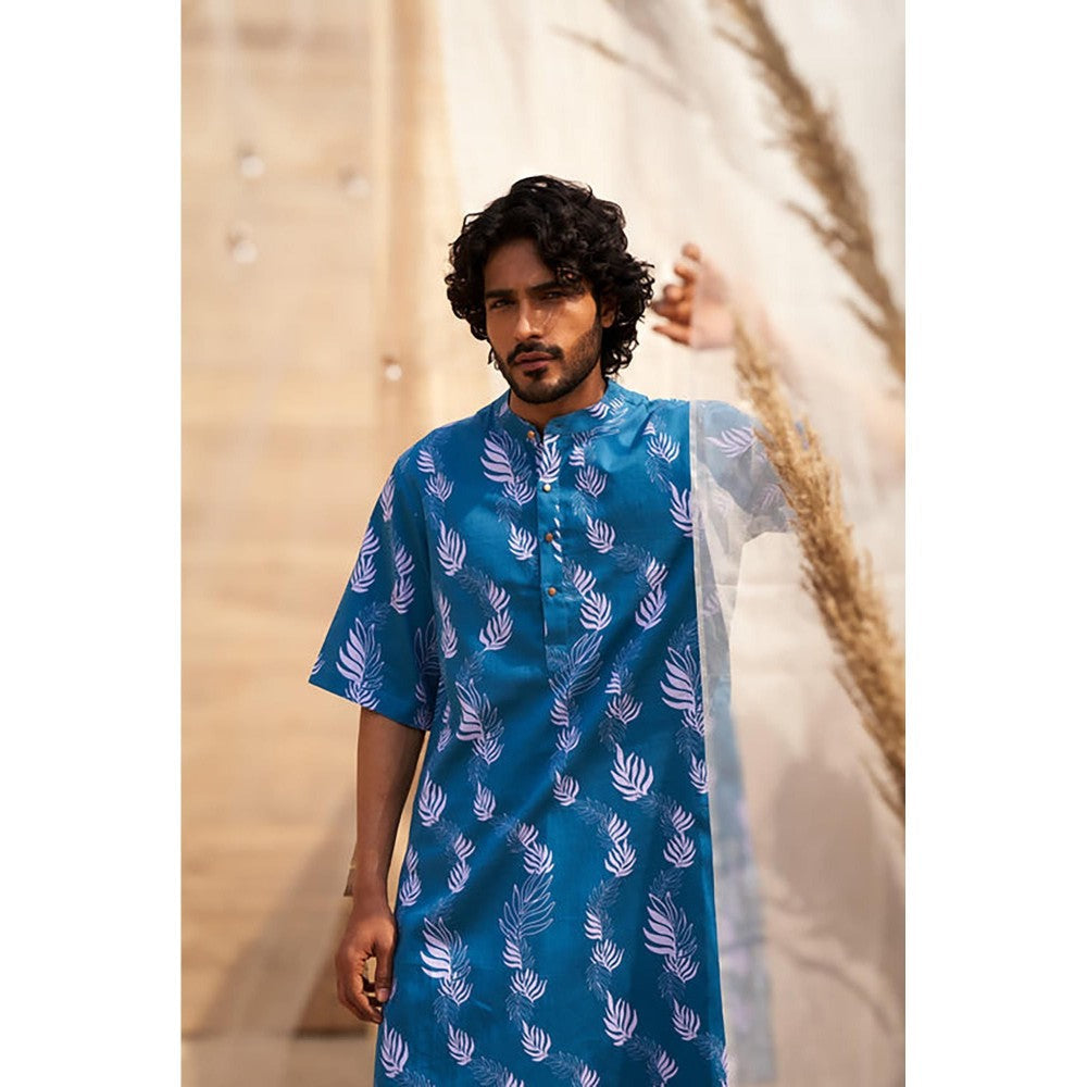 Charkhee Ocean Blue Short Sleeve Printed Kurta with Pant