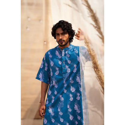 Charkhee Ocean Blue Short Sleeve Printed Kurta with Pant