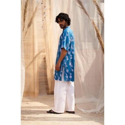 Charkhee Ocean Blue Short Sleeve Printed Kurta with Pant
