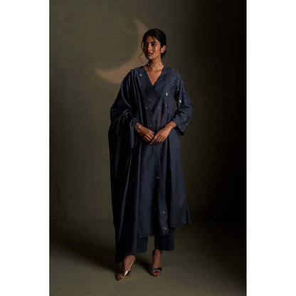 Charkhee Blue Dusk Double Yoke Kurta with Pant and Dupatta