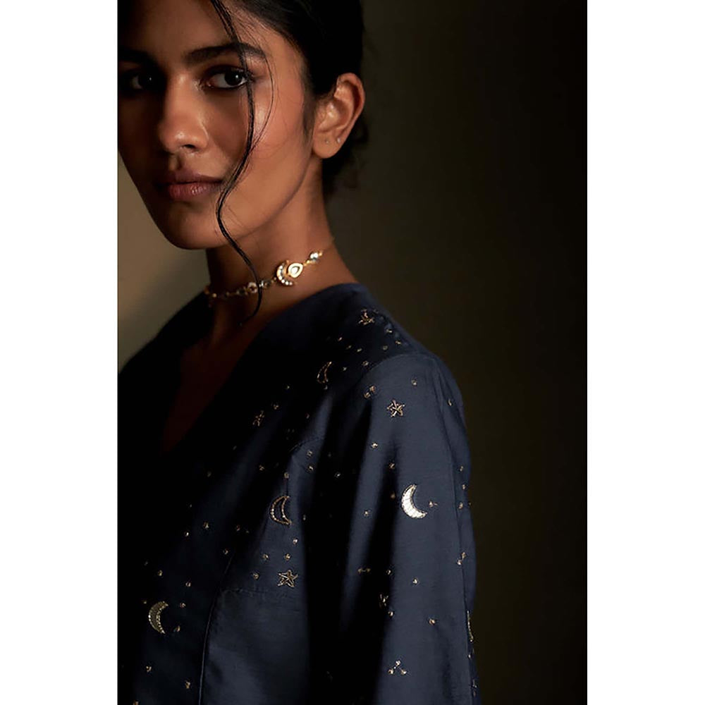 Charkhee Blue Dusk Double Yoke Kurta with Pant and Dupatta