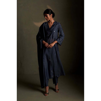 Charkhee Blue Dusk Double Yoke Kurta with Pant and Dupatta