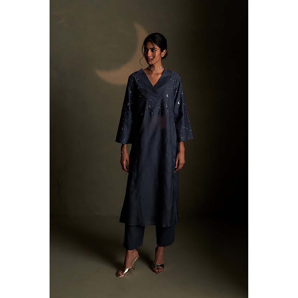 Charkhee Blue Dusk Double Yoke Kurta with Pant and Dupatta