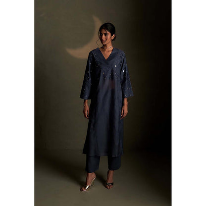 Charkhee Blue Dusk Double Yoke Kurta with Pant and Dupatta