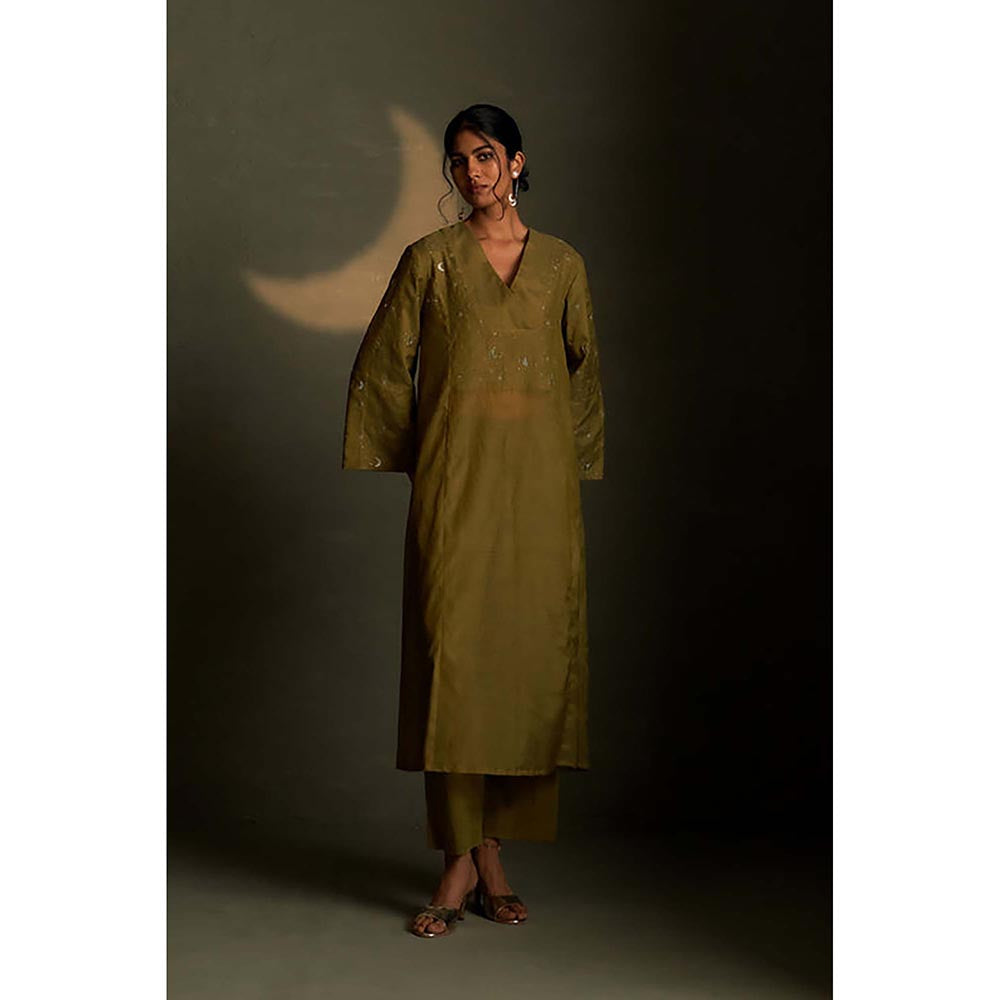 Charkhee Olive Dusk Double Yoke Kurta with Pant and Dupatta