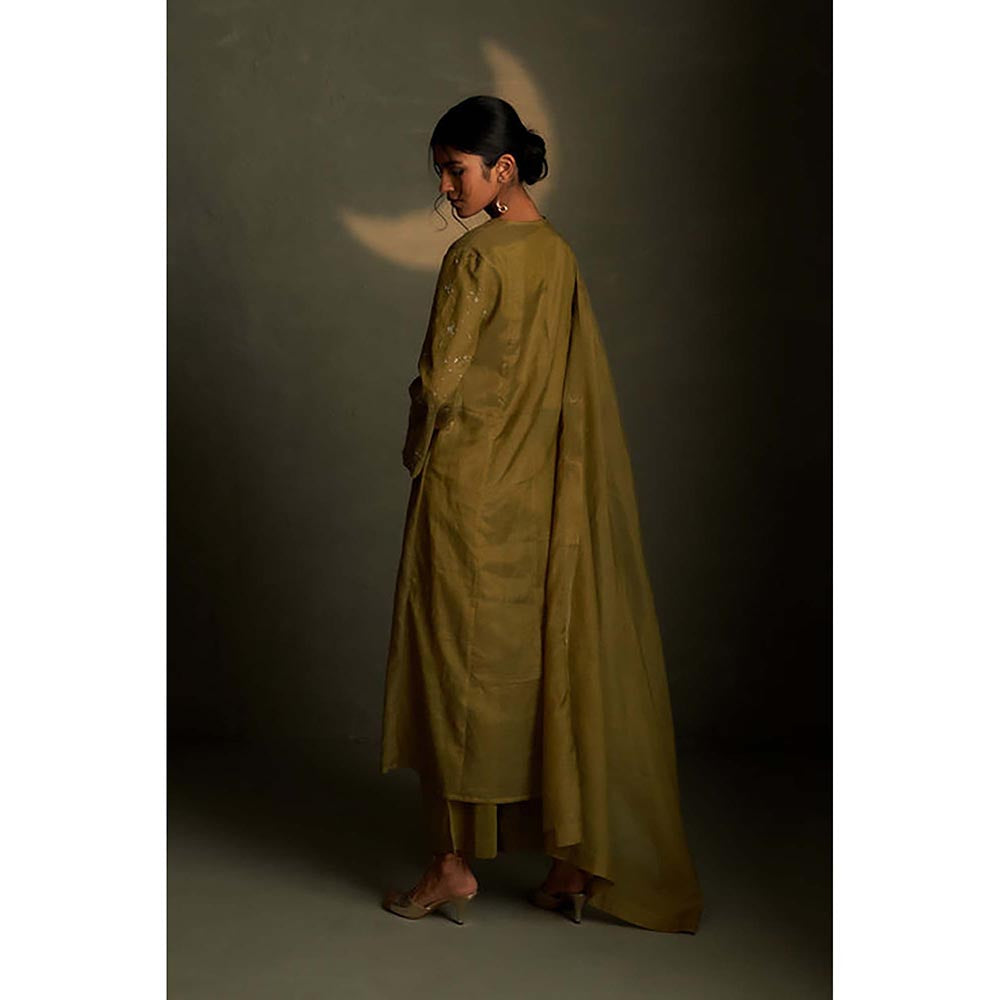 Charkhee Olive Dusk Double Yoke Kurta with Pant and Dupatta