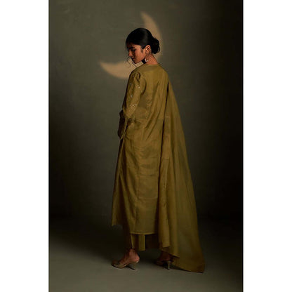 Charkhee Olive Dusk Double Yoke Kurta with Pant and Dupatta