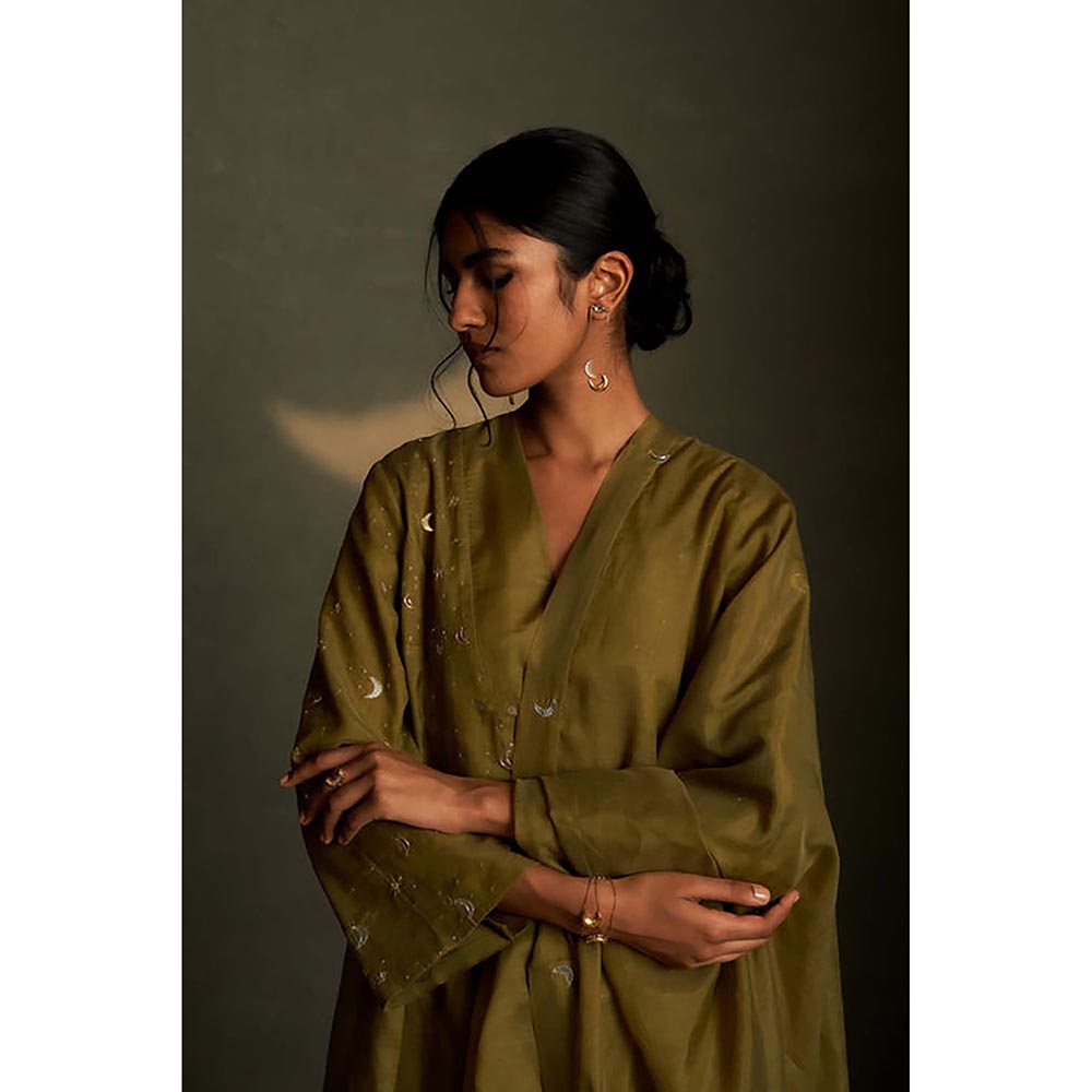 Charkhee Olive Dusk Double Yoke Kurta with Pant and Dupatta