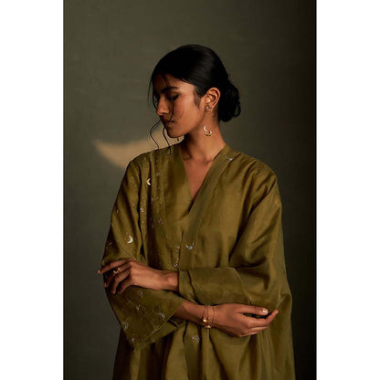 Charkhee Olive Dusk Double Yoke Kurta with Pant and Dupatta