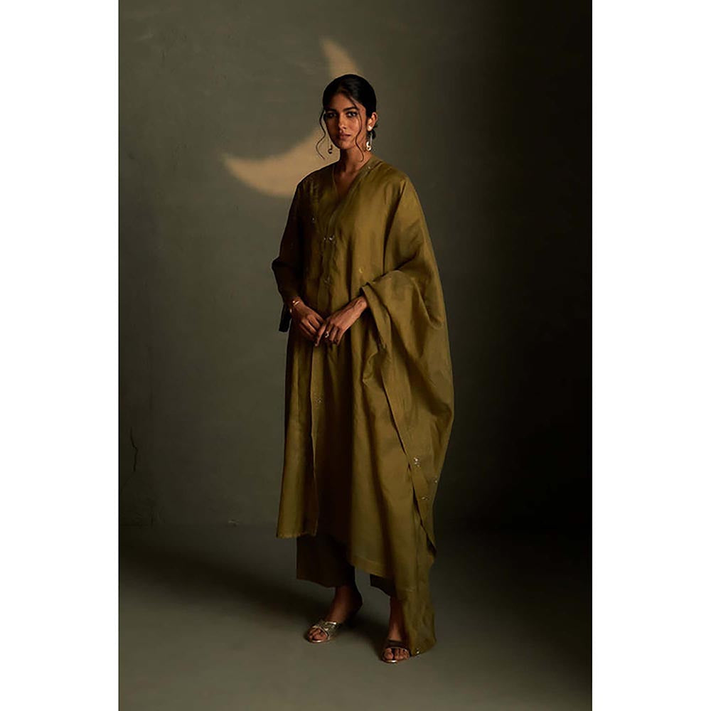 Charkhee Olive Dusk Double Yoke Kurta with Pant and Dupatta