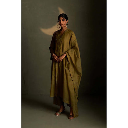 Charkhee Olive Dusk Double Yoke Kurta with Pant and Dupatta