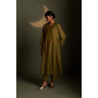 Charkhee Olive Dusk Double Yoke Kurta with Pant and Dupatta
