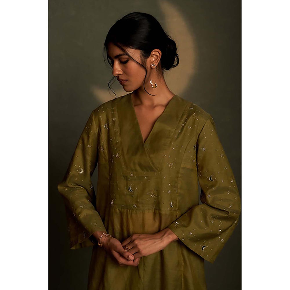 Charkhee Olive Dusk Double Yoke Kurta with Pant and Dupatta