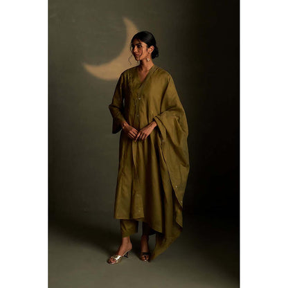 Charkhee Olive Dusk Double Yoke Kurta with Pant and Dupatta