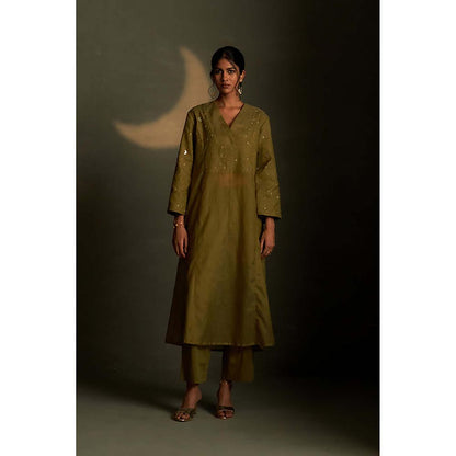 Charkhee Olive Dusk Double Yoke Kurta with Pant and Dupatta