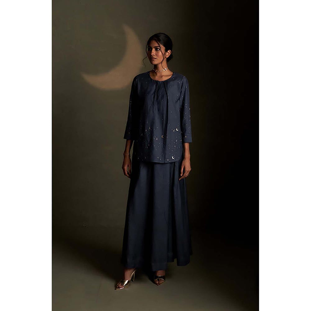 Charkhee Blue Dusk Chand Kurti Skirt Set