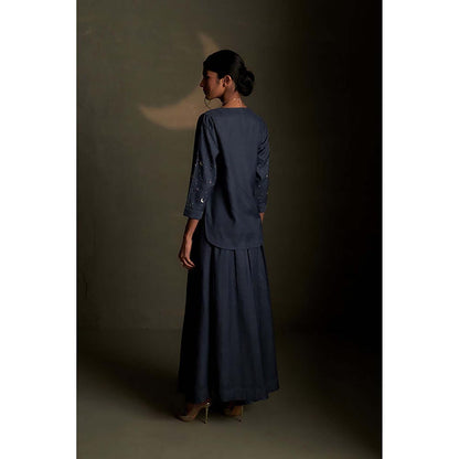 Charkhee Blue Dusk Chand Kurti Skirt Set