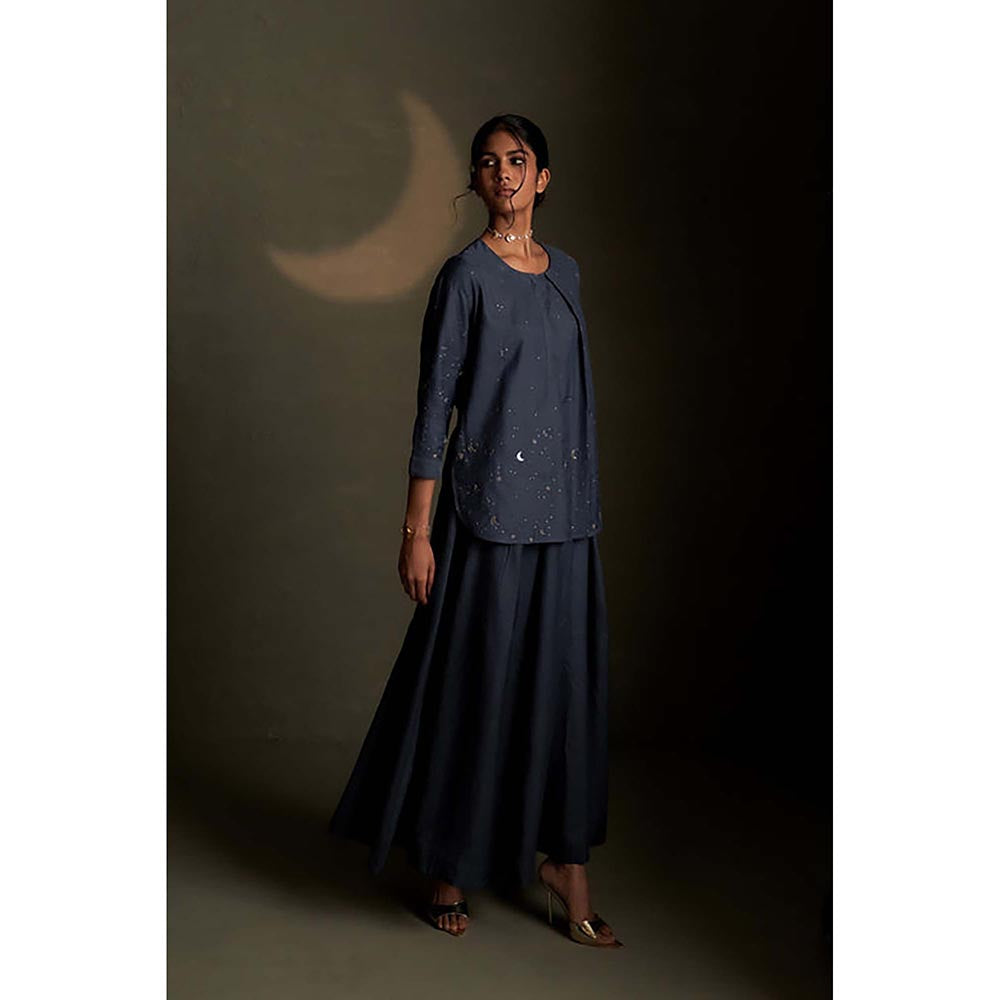 Charkhee Blue Dusk Chand Kurti Skirt Set