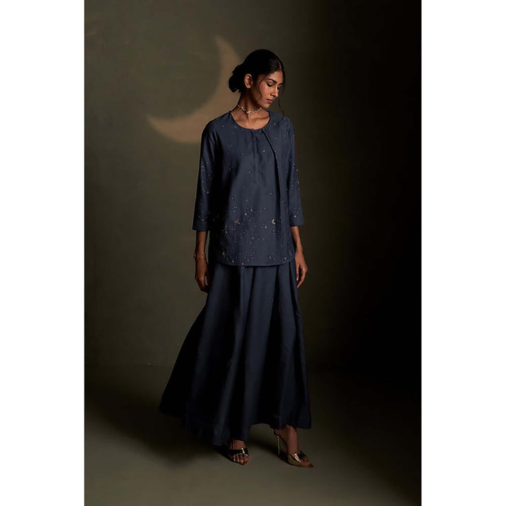 Charkhee Blue Dusk Chand Kurti Skirt Set