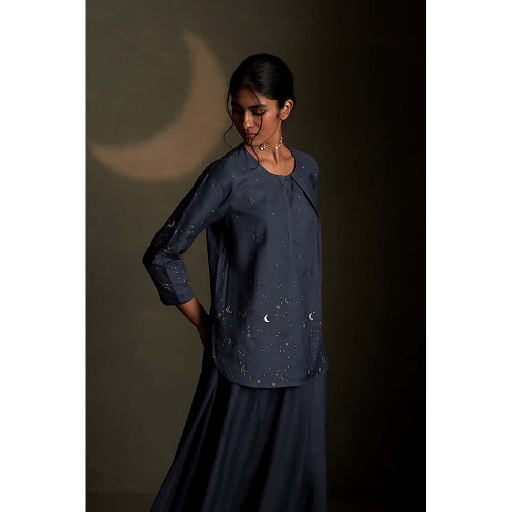 Charkhee Blue Dusk Chand Kurti Skirt Set