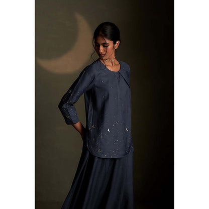 Charkhee Blue Dusk Chand Kurti Skirt Set