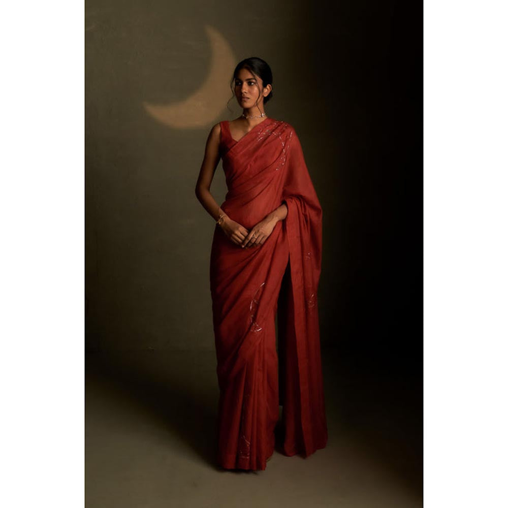 Charkhee Mul Embroidered Zari Rust Saree with Stitched Blouse