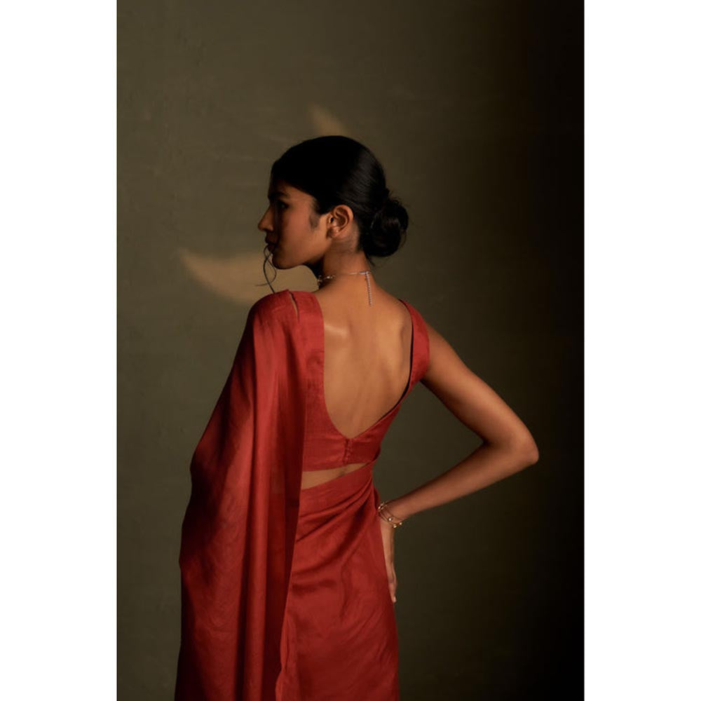 Charkhee Mul Embroidered Zari Rust Saree with Stitched Blouse