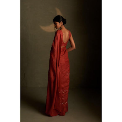 Charkhee Mul Embroidered Zari Rust Saree with Stitched Blouse