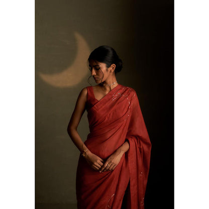 Charkhee Mul Embroidered Zari Rust Saree with Stitched Blouse