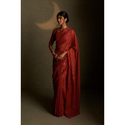 Charkhee Mul Embroidered Zari Rust Saree with Stitched Blouse