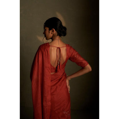 Charkhee Mul Embroidered Zari Rust Saree with Stitched Blouse