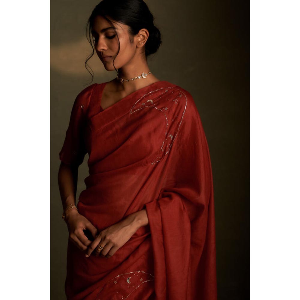 Charkhee Mul Embroidered Zari Rust Saree with Stitched Blouse