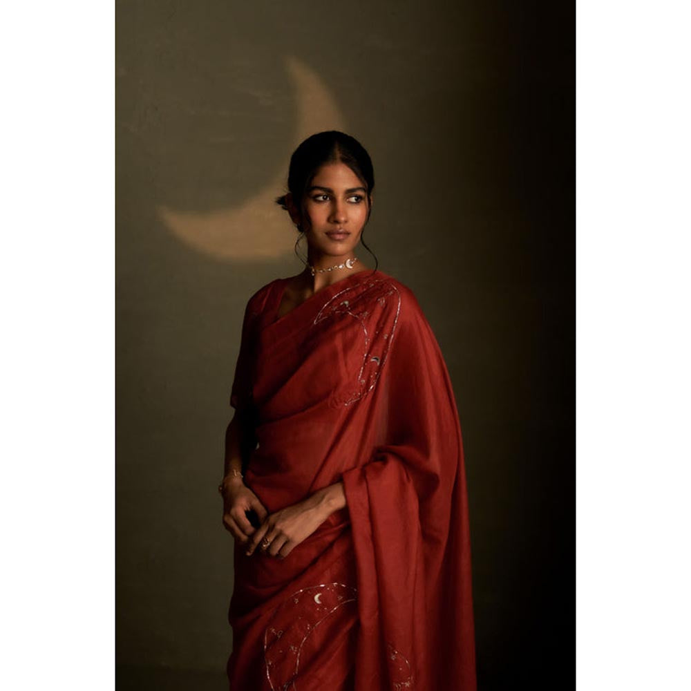 Charkhee Mul Embroidered Zari Rust Saree with Stitched Blouse