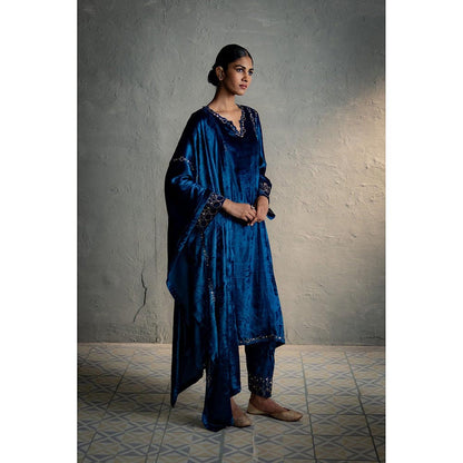 Charkhee Blue Phiran Style Kurta with Pant and Dupatta