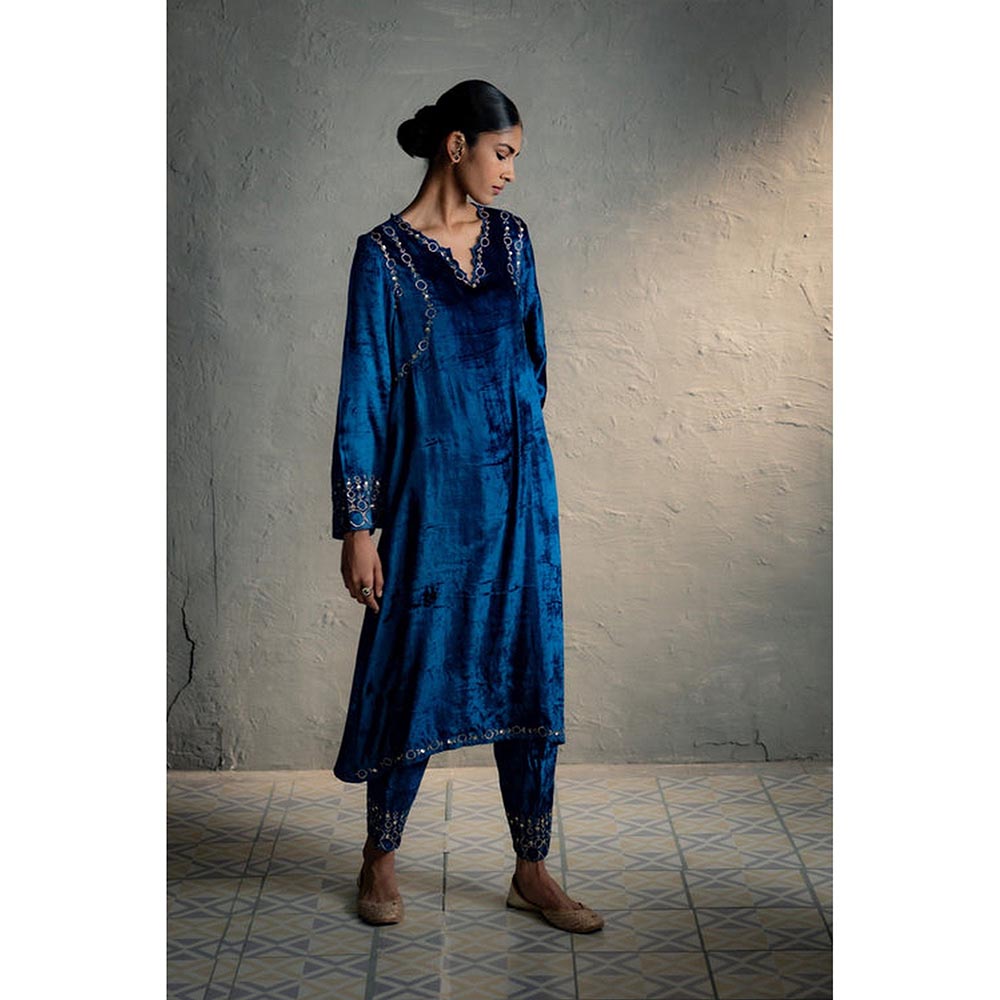 Charkhee Blue Phiran Style Kurta with Pant and Dupatta