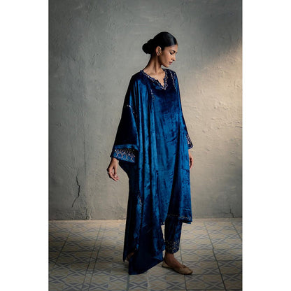 Charkhee Blue Phiran Style Kurta with Pant and Dupatta