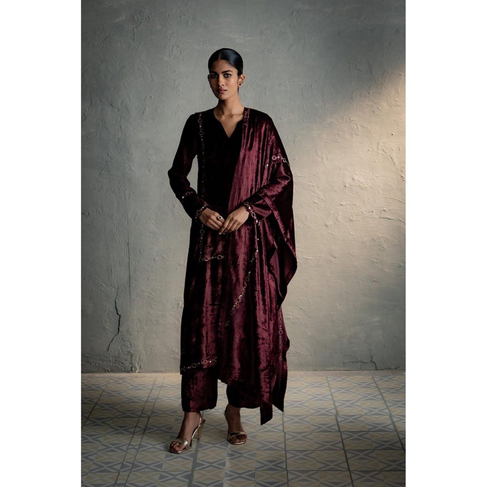Charkhee Brown Velvet Straight Kurta with Pant and Dupatta