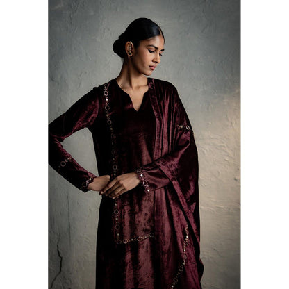 Charkhee Brown Velvet Straight Kurta with Pant and Dupatta