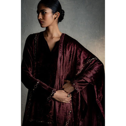 Charkhee Brown Velvet Straight Kurta with Pant and Dupatta