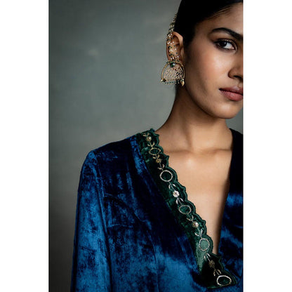 Charkhee Maaya Blue V Neck Kurta With Palazzo And Dupatta