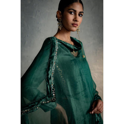 Charkhee Velvet Green Kurta With Pant And Dupatta