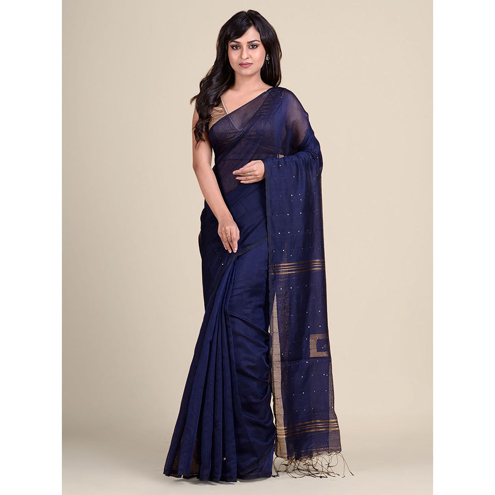 CHARUKRITI Blue Gold-Toned Woven Design Handloom Saree without Blouse