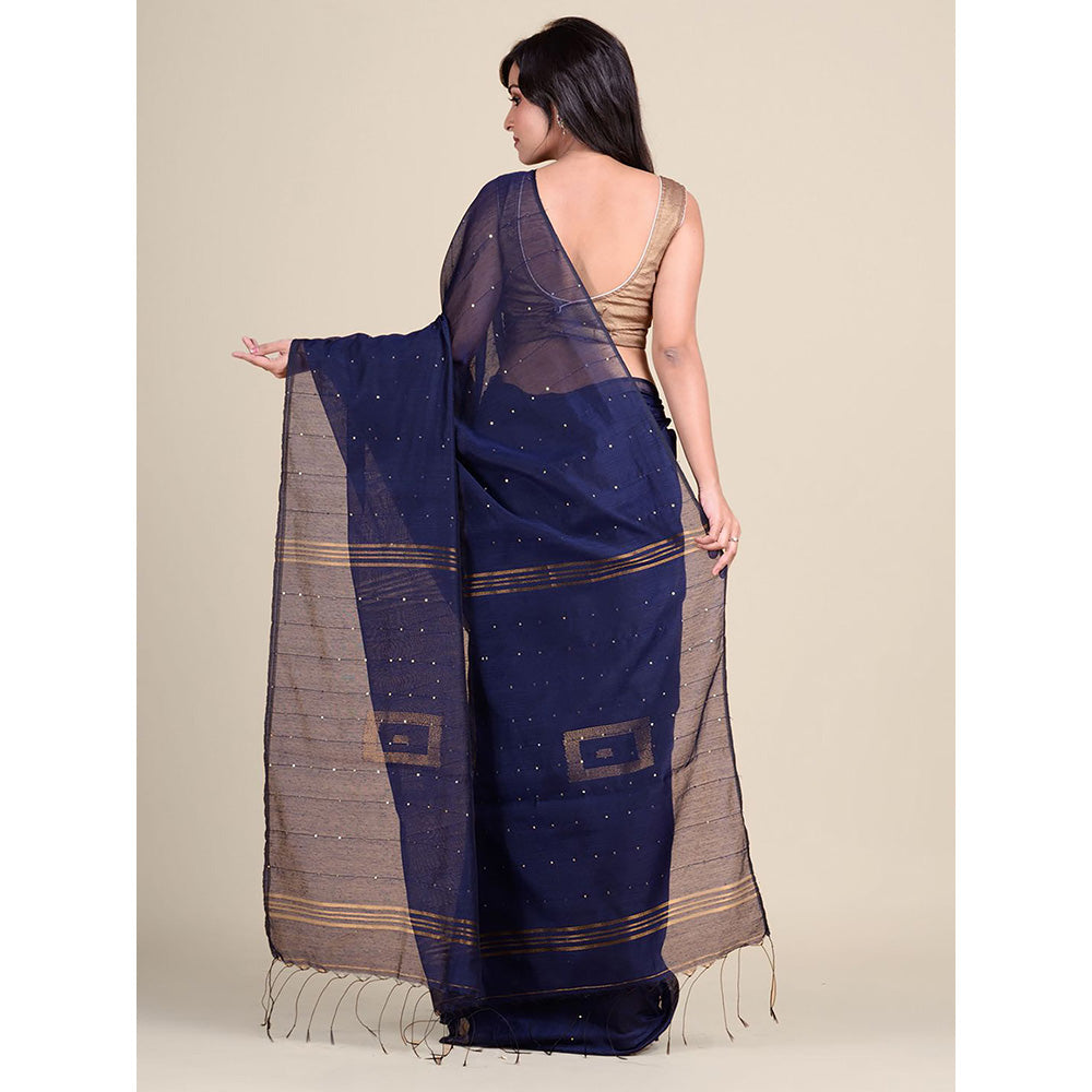 CHARUKRITI Blue Gold-Toned Woven Design Handloom Saree without Blouse