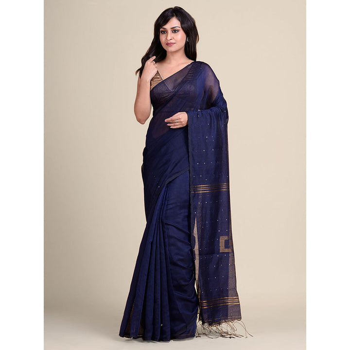 CHARUKRITI Blue Gold-Toned Woven Design Handloom Saree without Blouse